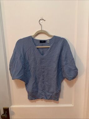 Eileen Fisher Dusty Blue V-Neck Puff Sleeve Tunic